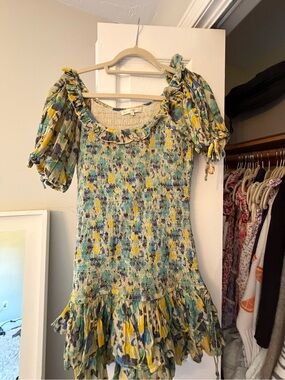 LoveShackFancy Teal, Yellow & Green Smocked Mini Dress